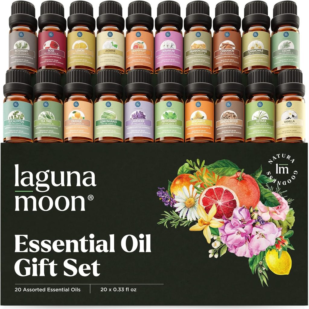 Essential Oils Set - Top 20 Organic Gift Set Oils for Diffusers, Humidifiers, Massages, Aromatherapy, Candle Making, Skin  Hair Care - Peppermint, Tea Tree, Lavender, Eucalyptus, Lemongrass (10mL)