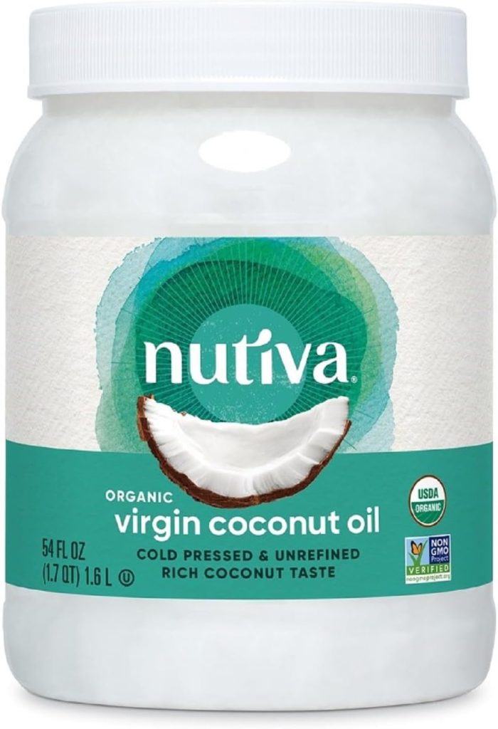 Nutiva Organic Coconut Oil 54 fl oz, Cold-Pressed, Fresh Flavor for Cooking, Natural Hair, Skin, Massage Oil and, Non-GMO, USDA Organic, Unrefined Extra Virgin Coconut Oil (Aceite de Coco)