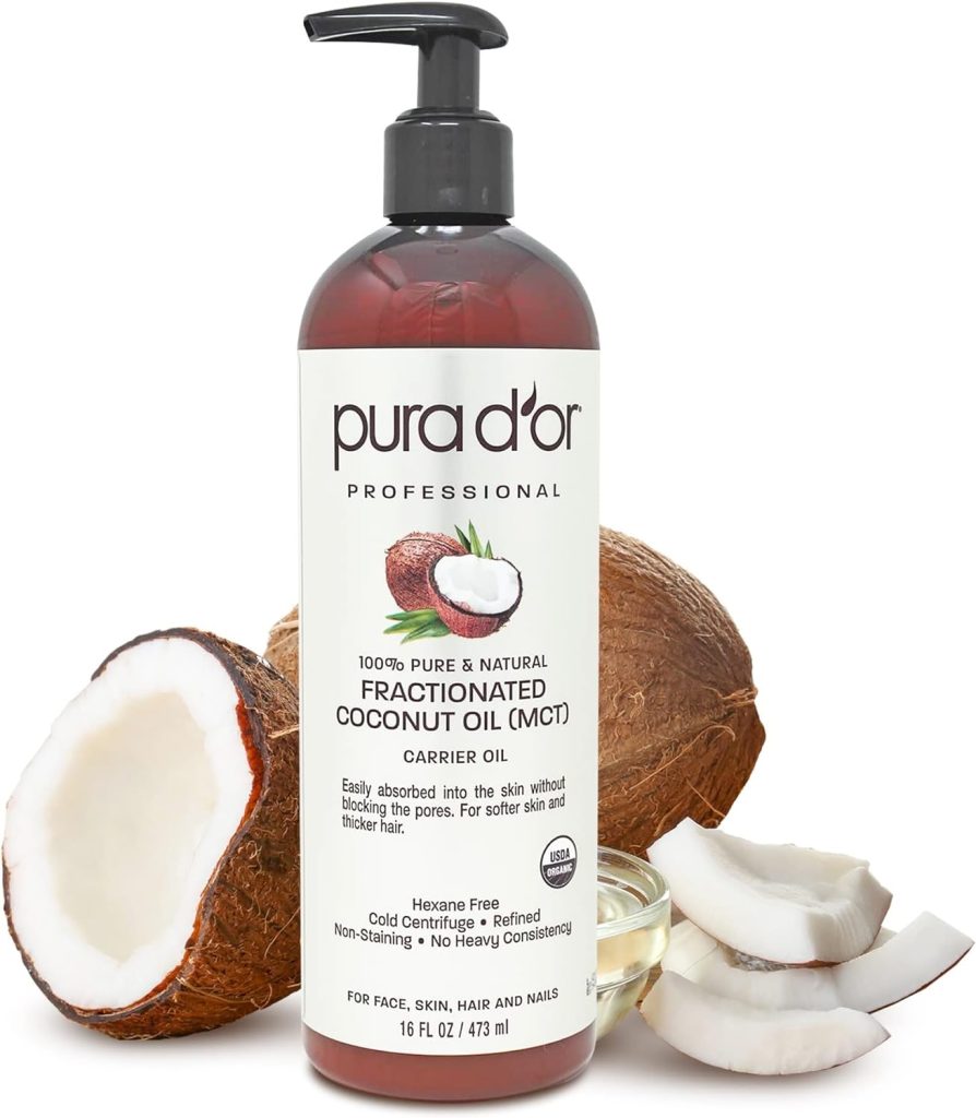 PURA DOR 16 Oz Organic Fractionated Coconut Oil - 100% Pure  Natural USDA Certified Cold Pressed Carrier Oil, Scent-Free - Aciete De Coco Liquid Moisturizer For Face Skin  Hair, Men  Women