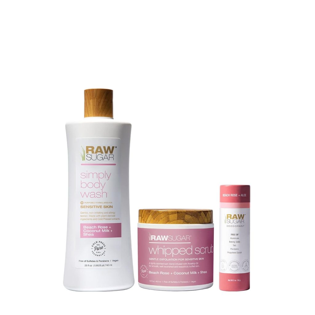 Raw Sugar Beach Rose + Coconut Milk + Shea Body Love Bundle - Sensitive Skin Body Wash, Body Scrub  Deodorant, Clean Ingredients, Formulated without Sulfates and Parabens