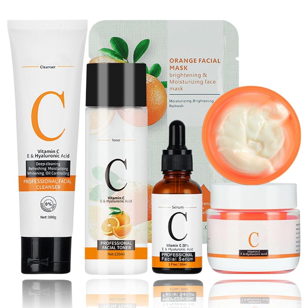 Vitamin C Complete Facial Care Kit, 5-in-1 Skincare Gift Set with Cleanser, Face Serum, Face Cream, Toner, Mask, Anti-Aging, Boosting Collagen  Hydrating for Women